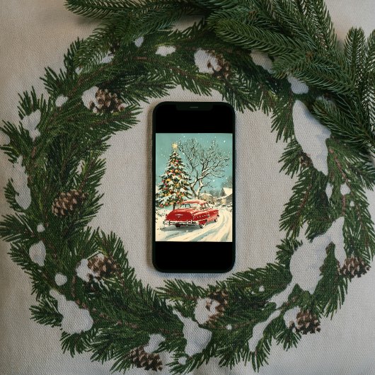 Klassieke  rode auto Xmas Tree Village Feestdagenkaart