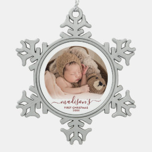 Klassieke rode baby's 1e tin sneeuwvlok ornament