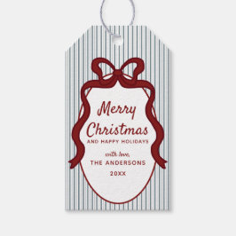 Klassieke rode blauwe strepen en strik frame Kerst Cadeaulabel