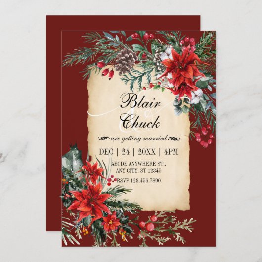 Klassieke rode bloementak bruiloft kaart (Voorkant / Achterkant)