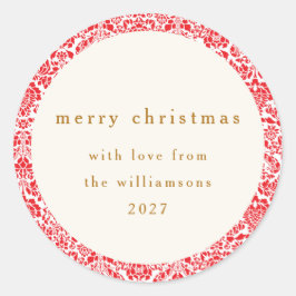 Klassieke Rode Bloemige Persoonlijke Kerstgroet Ronde Sticker