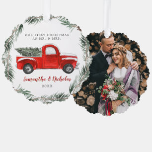 Klassieke Rode Boerenwagen Eerste Kerst Mis. & M Ornament Kaart