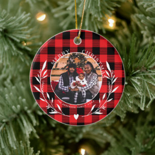 Klassieke rode Buffalo geruite krans foto Kerstmis Keramisch Ornament