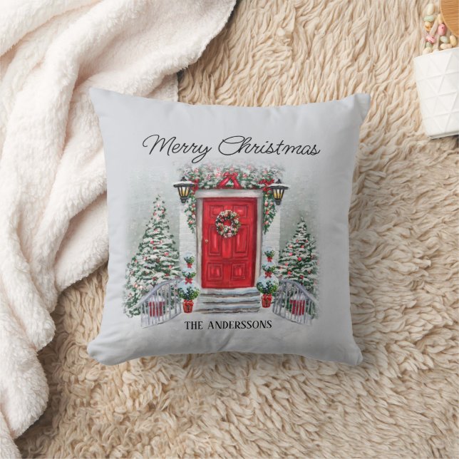 Klassieke Rode Deur Prettig Kerstfeest Naam Kussen (Deken)