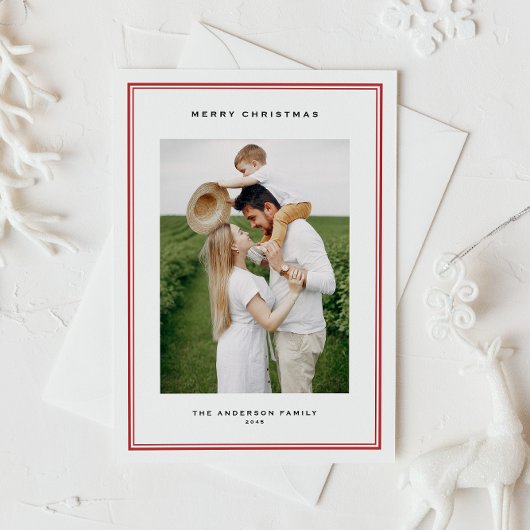 Klassieke Rode Dubbele Grens Foto Kerstmis Feestdagenkaart