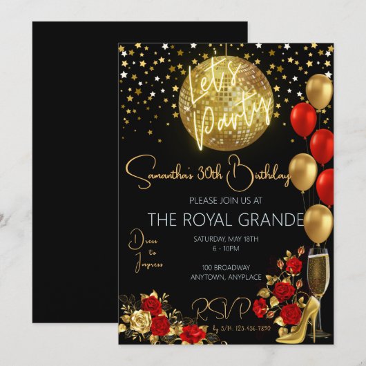 Klassieke rode en gouden Fancy verjaardagsuitnodig Kaart (Voorkant / Achterkant)