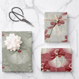 Klassieke rode en groene cellen, lint en Holly Inpakpapier Vel
