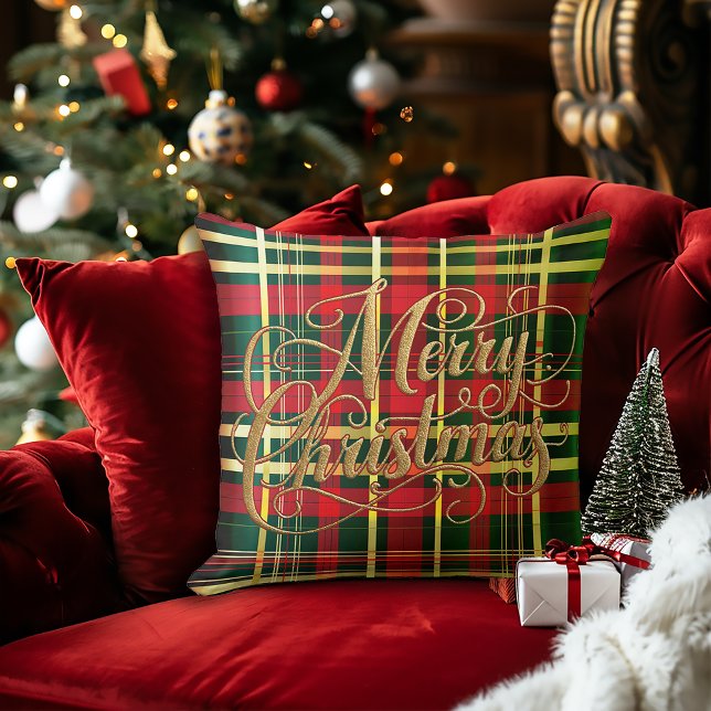 Klassieke rode en groene tartan kerst kussen  (Festive Classic Christmas Tartan Merry Christmas Decorative Pillow)