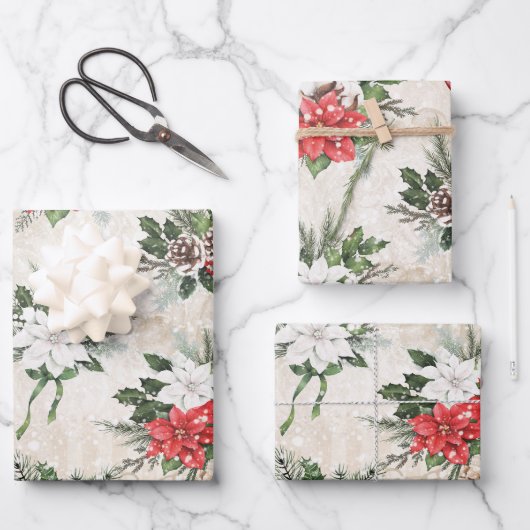 Klassieke rode en witte poinsettia dennenaaltjes v inpakpapier vel (Voorkant)