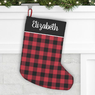Klassieke Rode en Zwarte Buffalo Plaid Script Naam Kleine Kerstsok
