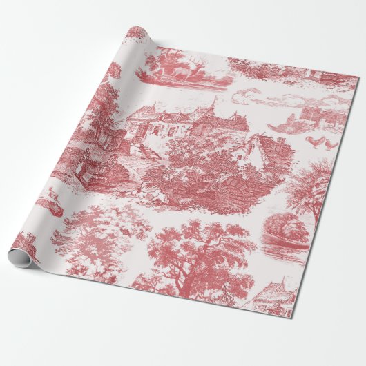 Klassieke  Rode Franse Chateau Country Toile Cadeaupapier (Uitgerold)