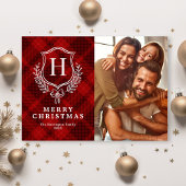 Klassieke Rode Geruite Monogram Foto Kerstmis Feestdagenkaart