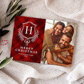 Klassieke Rode Geruite Monogram Foto Kerstmis Feestdagenkaart