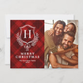 Klassieke Rode Geruite Monogram Foto Kerstmis Feestdagenkaart (Voorkant)