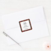 Klassieke rode geruite monogram met Kerstgroet Vierkante Sticker (Envelop)