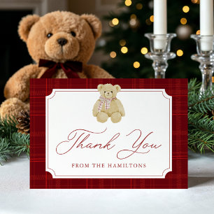 Klassieke Rode Geruite Teddybeer Baby Shower Bedankkaart