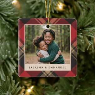 Klassieke rode geruite traditionele foto Kerstmis Keramisch Ornament