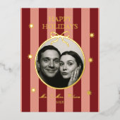 Klassieke rode gestreepte fotovakantietkaart folie feestdagen briefkaart (Voorkant)