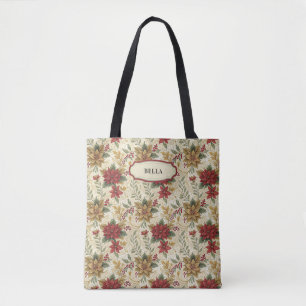 Klassieke Rode & Gouden Poinsettia Bloemstuk Custo Tote Bag