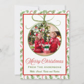 Klassieke Rode & Groene Kerst Ornament Foto Feestdagenkaart (Voorkant)