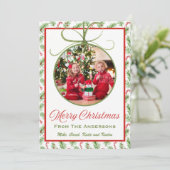 Klassieke Rode & Groene Kerst Ornament Foto Feestdagenkaart (Staand voorkant)