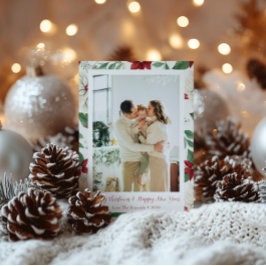 Klassieke rode & groene Pointsetta Holiday Photo C Feestdagenkaart