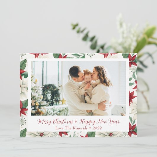 Klassieke rode & groene Pointsetta Holiday Photo C Feestdagenkaart (Staand voorkant)
