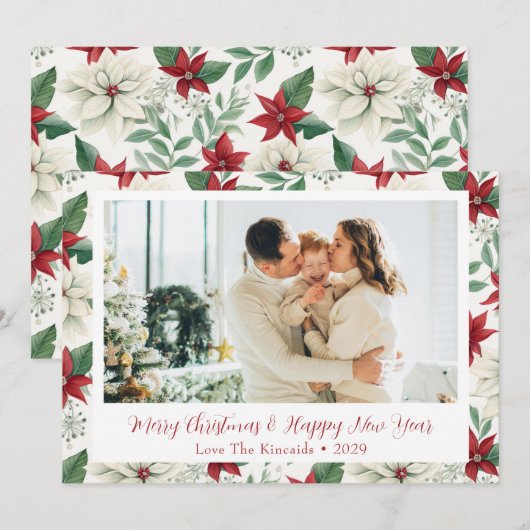 Klassieke rode & groene Pointsetta Holiday Photo C Feestdagenkaart (Voorkant / Achterkant)