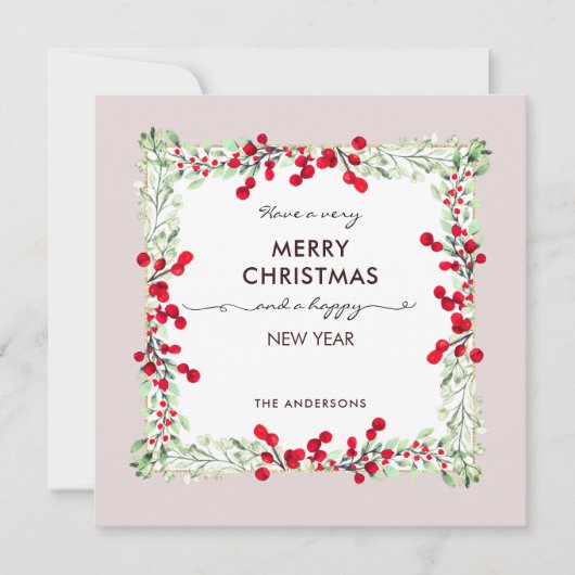 Klassieke rode groene winter botanische zachte doo feestdagenkaart (Voorkant)