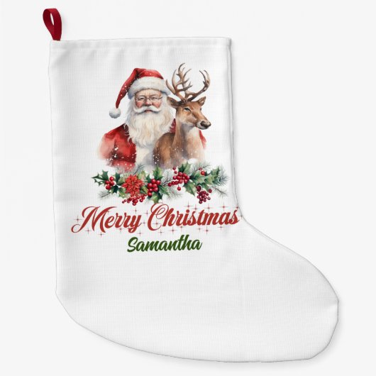 Klassieke rode holly bessen | Kerstman met rendier Grote Kerstsok (Voorkant)