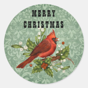 Klassieke Rode Kardinaal Vogel Prettig Kerstfeest Ronde Sticker