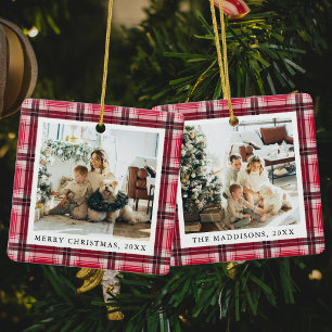 Klassieke Rode Kerst Plaid Familie Foto's Keramisch Ornament
