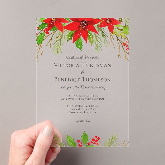 Klassieke Rode Kerst Poinsettia Bloemen Huwelijk Acryl Uitnodigingen (Insitu (Draagbaar))