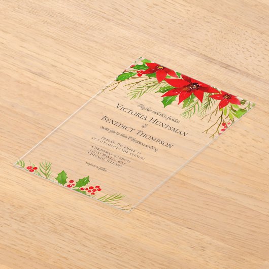 Klassieke Rode Kerst Poinsettia Bloemen Huwelijk Acryl Uitnodigingen (Laagn)