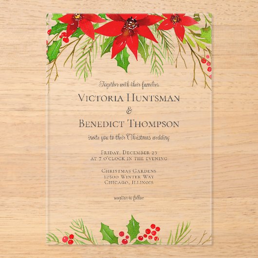 Klassieke Rode Kerst Poinsettia Bloemen Huwelijk Acryl Uitnodigingen (Voorkant)