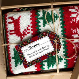 Klassieke rode Kerst-tartan Gebreid met liefde Cadeaulabel