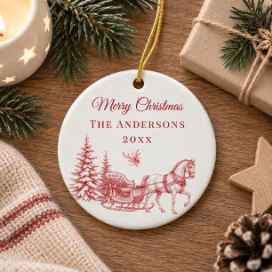 Klassieke rode kerst toile paard slee keramisch ornament