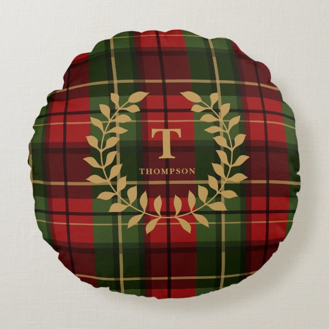 Klassieke rode kerstplaid met monogram krans rond kussen (Voorkant)