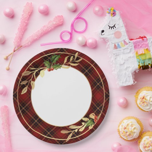 Klassieke rode kersttartan, Holly & Gold Leaves Papieren Bordje (Feest)