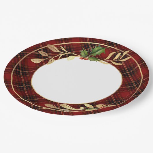Klassieke rode kersttartan, Holly & Gold Leaves Papieren Bordje (Gekanteld)