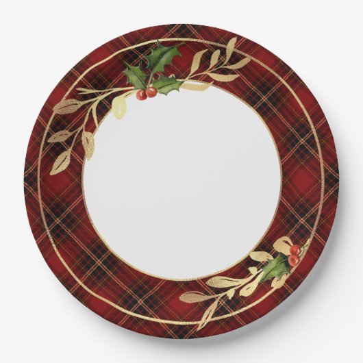 Klassieke rode kersttartan, Holly & Gold Leaves Papieren Bordje (Voorkant)