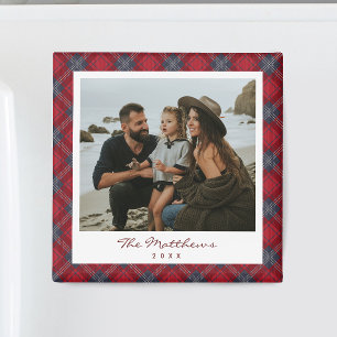 Klassieke Rode Navy Tartan Familie Foto Kerstmis Magneet
