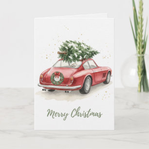 Klassieke rode oldtimer met kerstboom kaart