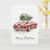 Klassieke rode oldtimer met kerstboom kaart (Gele Bloem)