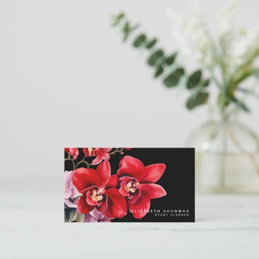 Klassieke rode orchideeën zwarte Visitekaartjes (Staand voorkant)
