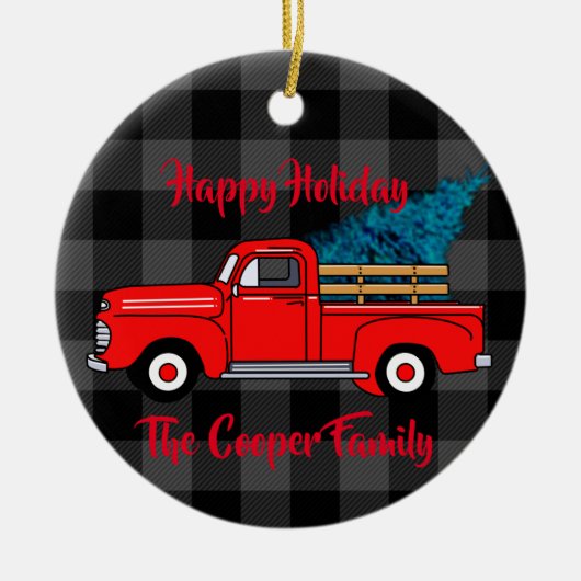 Klassieke rode pick-up truck grijs plaid keramisch ornament (Voorkant)