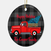 Klassieke rode pick-up truck grijs plaid keramisch ornament (Links)