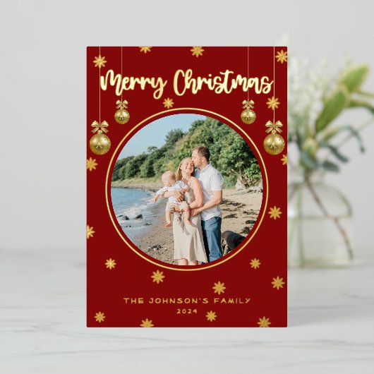 Klassieke Rode Plaid Sneeuwvlokken Vrolijke Kerstf Folie Feestdagenkaart (Staand Voorkant)