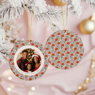 Klassieke Rode Poinsettia 1 Familie Foto Kerstmis Keramisch Ornament