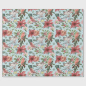 Klassieke Rode Poinsettia Kardinaalvogels Kerst  Cadeaupapier (Vlak)